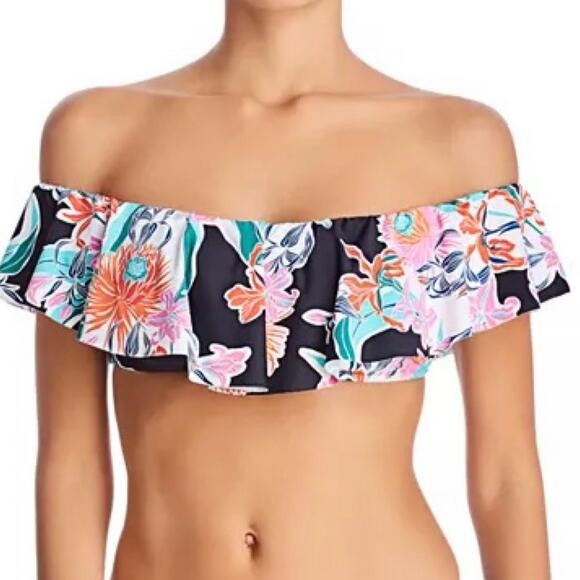 NWT Trina Turk Size 10 Ruffled Bandeau Bikini Top Multicolor Tropical Floral - Picture 1 of 6